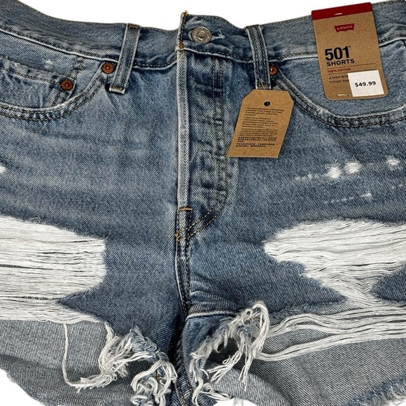 New Women’s Levi’s 501 Blue Denim Cutoff Shorts Distressed Button Fly  Size 28 - Picture 4 of 10